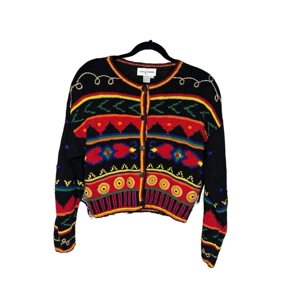Colorful Expressive Womans Cardigan Sweater Size M Black Red Yellow & Blue Wool